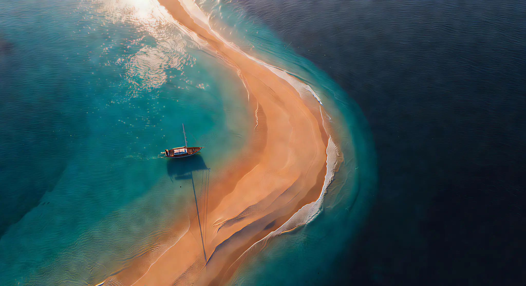 Aerial view of sandbar meeting ocean
