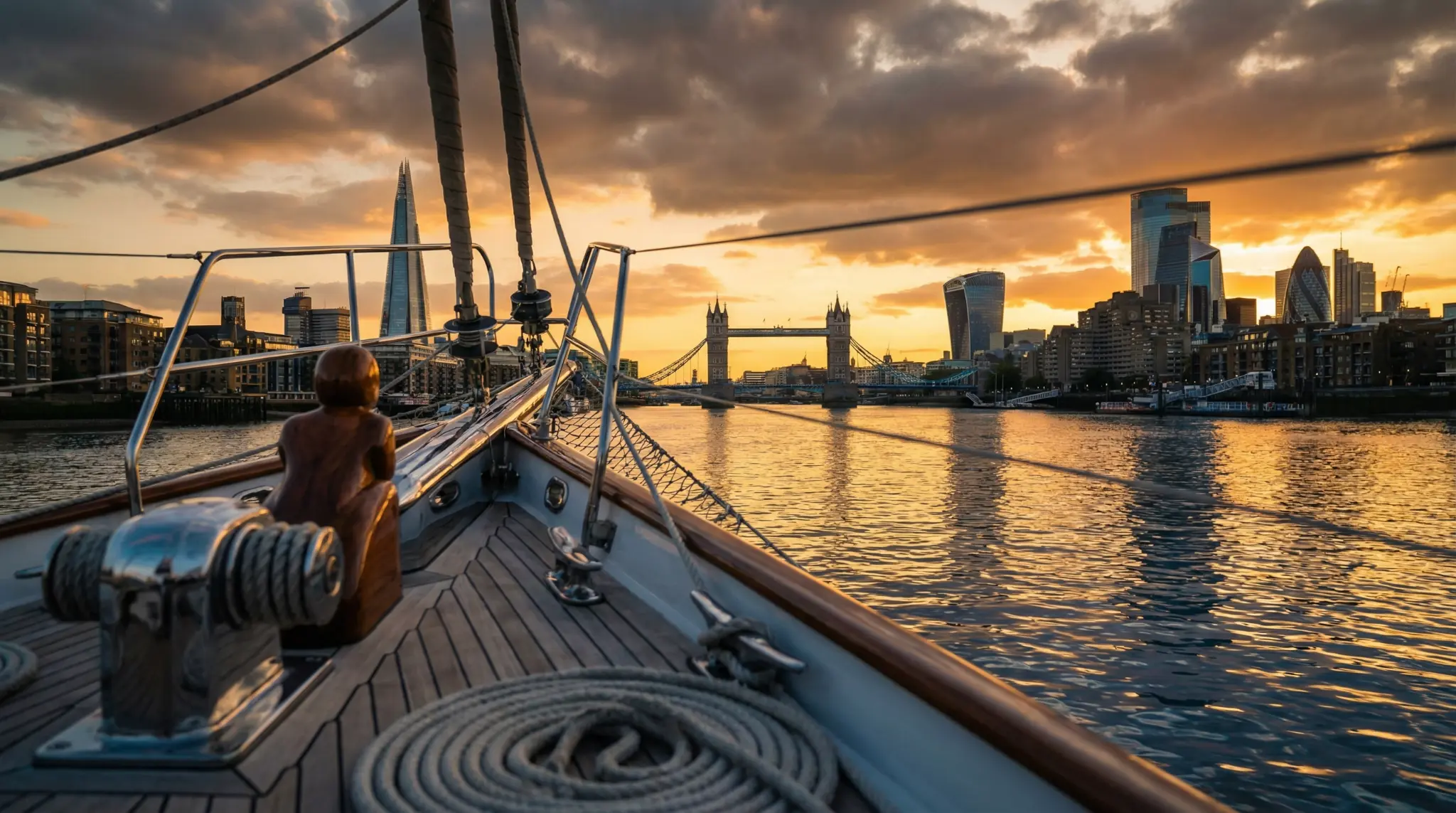 Sailing vessel approaching London's Tower Bridge at golden hour, symbolising the Anchor-Credo partnership