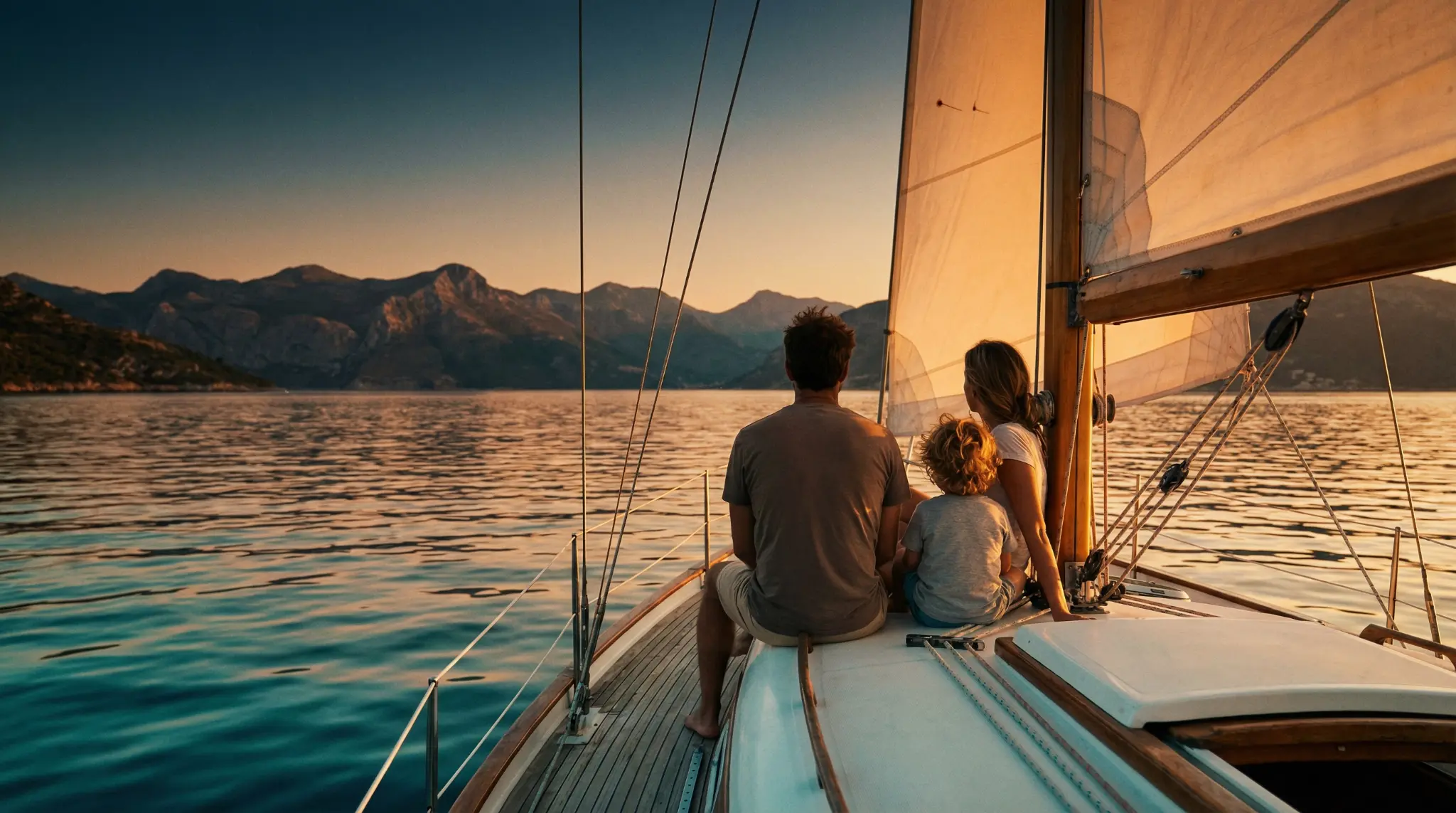 Family sitting together on a sailboat at golden hour with mountains in the background