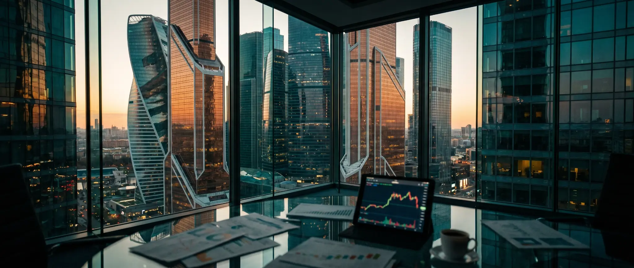 Modern boardroom overlooking a city skyline at sunset