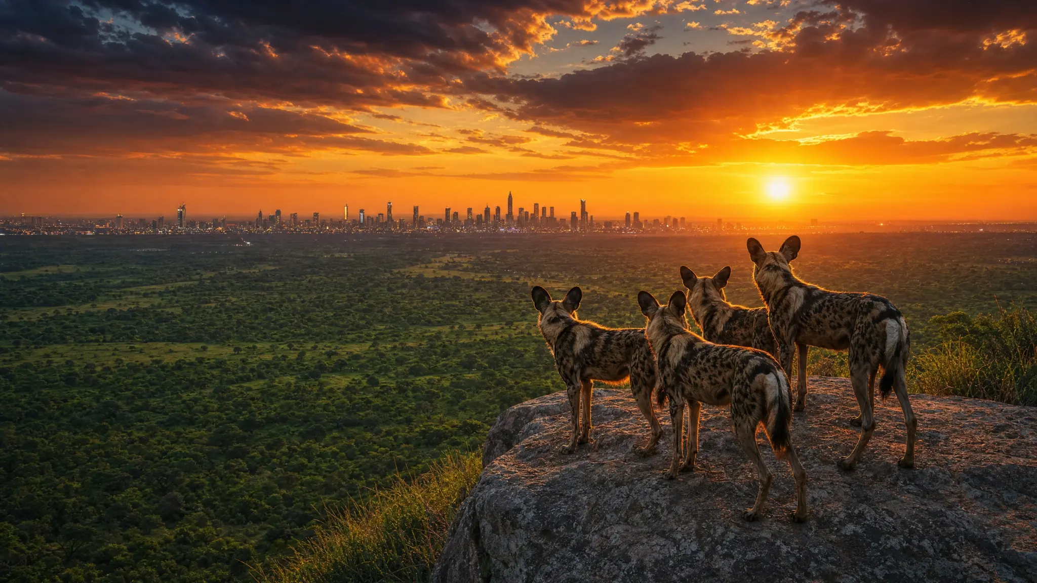 African wild dogs overlooking a city skyline at sunset